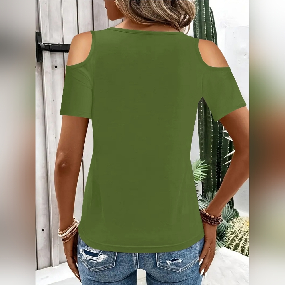 Olive Cold Shoulder Tee with Ring Detail - Picture 3 of 7